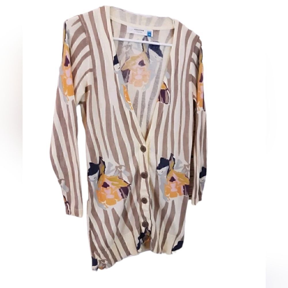 Anthropologie Sparrow Floral Rendering Striped Floral 100% Cotton Cardigan XS